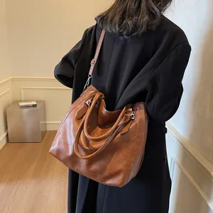 Retro brown large capacity tote bag for women with adjustable strap and top handles