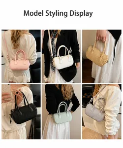 Detailed views of vintage pleated crossbody bags in six colors with metallic handles