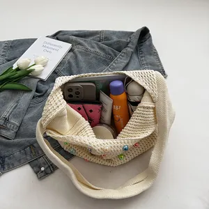 Japanese woven tote bag with colorful beads and minimalist crochet hollow-out design