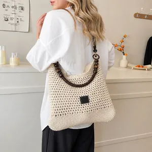 Handgemaakte Geweven Tote Tas Met Houten Kralen Handvat Grote Capaciteit Mode Opengewerkte Gehaakte Schoudertas Voor Vrouwen Strand Vakantie Casual Tas