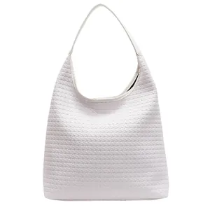 Sac fourre-tout vintage blanc à motif tressé avec grande capacité et bandoulière