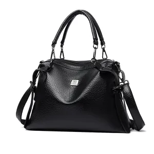 Classic black women's tote bag with lychee grain texture and square metal logo
