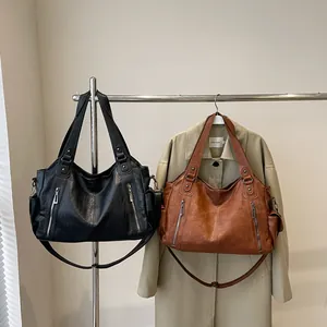 Sac Fourre-tout Vintage en Cuir PU de Grande Capacité pour Femmes Multi-poches Sac à Épaule Sac Bandoulière Sac à Main de Mode
