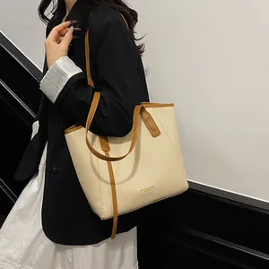 Women's Large Capacity Tote Bag PU Leather Woven Texture Contrast Color Shoulder Bag Commuter Handbag Fashion Travel Bag