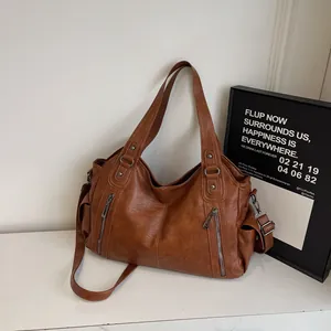 Grand sac cabas en cuir PU marron foncé avec fermetures éclair et bandoulière pour femmes