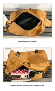 Dettaglio dell'interno che mostra lo spazio per laptop, tablet e libri nella borsa marrone