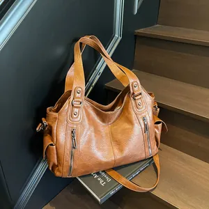 Grand sac à main en cuir PU marron avec double fermeture éclair et bandoulière réglable