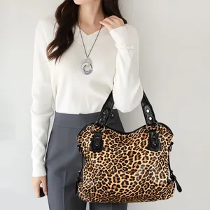 Stylish leopard print tote bag with large capacity and metal rivet handles for women