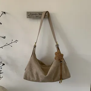 Vintage Large Capacity Suede Finish Hobo Bag For Women Casual Retro Tote Shoulder Bag With Plush Charm Adjustable Strap