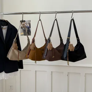 Retro faux suede crossbody tote bag in four colors with cute plush bear charms