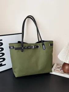 Women Large Capacity Canvas Tote Bag Retro Minimalist Commuting Shoulder Bag With Decorative Synthetic Leather Strap