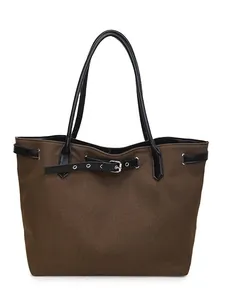 Minimalist large brown canvas tote bag with black leather handles for commuting