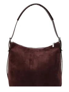 Sac hobo minimaliste en daim bordeaux avec bandoulière en cuir marron foncé