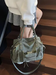 Borsa tote vintage verde oliva a grande capacità con tasche e tracolla lunga