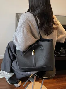 Women Large Capacity PU Leather Tote Bag Minimalist Litchi Texture Shoulder Bag With Gold Metal Lock Buckle Versatile Casual Office Handbag
