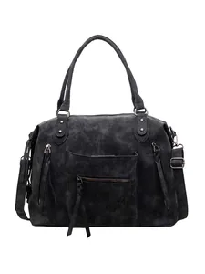 Grande borsa tote vintage grigio scuro con lunghe frange e tracolla regolabile rimovibile