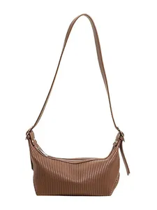 Deep brown pleated crescent shoulder bag with silver zipper and adjustable strap