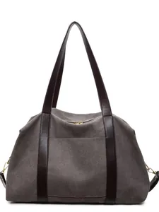 Large capacity dark grey canvas tote bag with brown leather straps and gold zipper detail