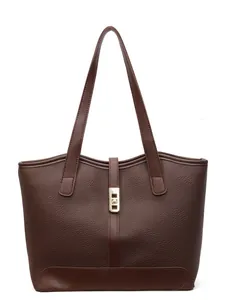 Classic dark brown leather tote bag with gold metal buckle and long shoulder straps