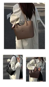 Detailed views of leather tote bag showing pebbled texture and scarf accessory