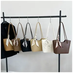 Selection of large tote bags in six colors with decorative checkered silk scarves