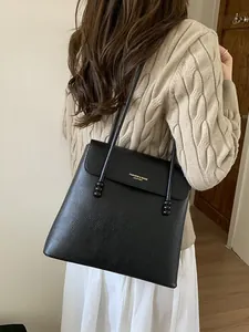 Women Retro Litchi Grain PU Leather Large Capacity Shoulder Bag With Flap Bead Decoration Minimalist Commuter Tote Bag