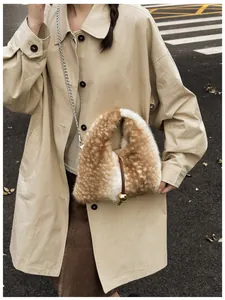 Plush faux fur bag with deer pattern, metal chain strap and golden ball charm detail