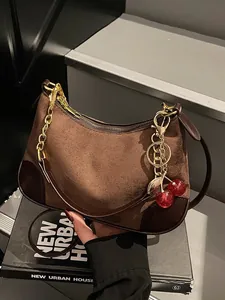 Vintage Faux Suède Onderarmtas Voor Dames Minimalistisch Effen Kleur Schoudertas Met Gouden Ketting En Kersenhanger