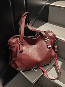 Large Capacity Retro Soft PU Leather Tote Bag For Women American College Style Commuter Shoulder Bag With Detachable Strap