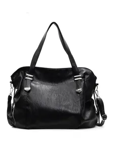 Large capacity black PU leather tote bag with silver rivets and adjustable strap