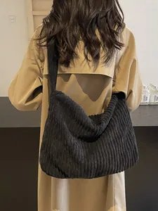 Fashionable black corduroy tote bag with large capacity and minimalist retro crossbody style