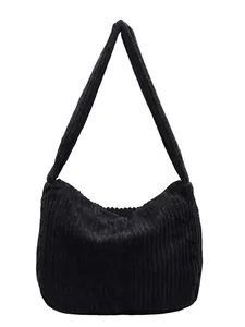 Classic black corduroy tote bag with minimalist soft design and wide shoulder straps