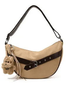 Retro kaki suède hobo draagtas met bruine riem en pluche hond sleutelhanger hanger