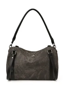 Retro dark grey high capacity crossbody bag with black leather straps and silver zippers