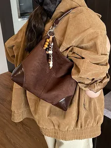 Bolso Tote de Antelina Vintage para Mujer Gran Capacidad PU Cuero Patchwork Bolso de Hombro Con Colgante de Cuentas de Madera Handbag