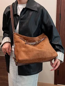 Braune Wildleder-Einkaufstasche mit Lederriemen für Damen im Vintage-Stil
