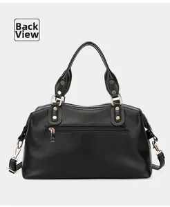Detail view of the bag back featuring pebbled texture, rear zipper, and gold hardware