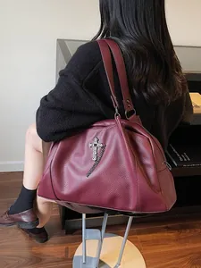 Women's Gothic Cross Tote Bag Litchi Texture PU Leather Large Capacity Shoulder Bag Y2K Punk Fashion Handbag Daily