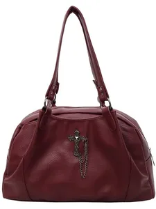 Deep red gothic tote bag with metal cross pendant and chain details in a front view