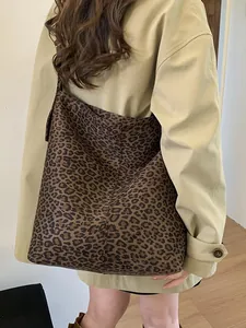 Women Large Suede PU Tote Bag Minimalist Vintage Leopard Print Hobo Shoulder Bag Casual Daily Commute Carryall Handbag
