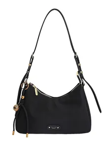 Minimalist black nylon shoulder bag with adjustable strap and gold hardware accents