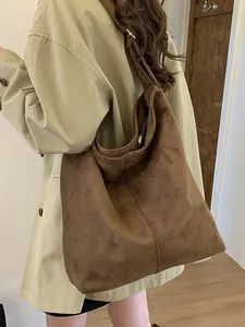 Minimalist brown suede tote bag for women, large capacity shoulder bag for autumn and winter