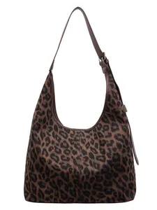 Minimalist leopard print canvas hobo bag with adjustable wide leather strap for women