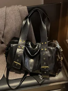 Women Vintage Punk Moto Bag Large Capacity PU Leather Tote Bag With Rivet Belt Buckles Wide Strap Shoulder Crossbody Bag
