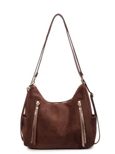 Zaino e borsa a tracolla vintage in finto scamosciato marrone con zip dorate