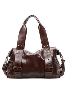 Brown oil wax leather large tote bag with vintage rivets and wide shoulder strap