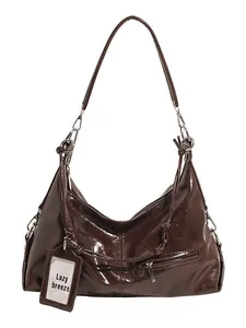 Deep brown patent leather underarm bag with glossy finish and silver metal hardware