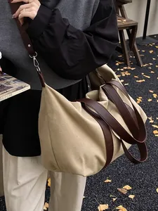 Bolso tote de lona vintage beige con adornos de cuero marrón para el uso diario otoñal