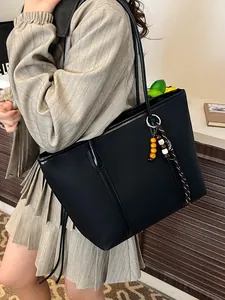 Women Large Capacity Tote Bag PU Leather Shoulder Bag Urban Minimalist Commuting Handbag With Wooden Bead Pendant Decoration
