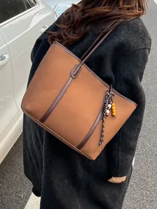 Brown suede tote bag with large capacity and bohemian bead tassel for women's daily commute
